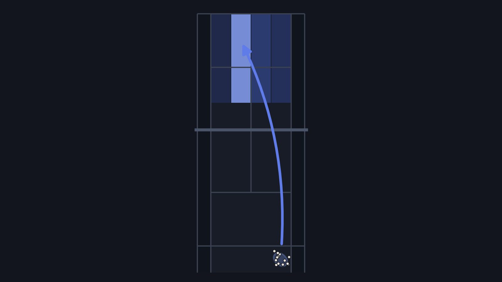 Game-plan chart: a contact cluster in the deep forehand corner with an arrow to the highlighted crosscourt target zone